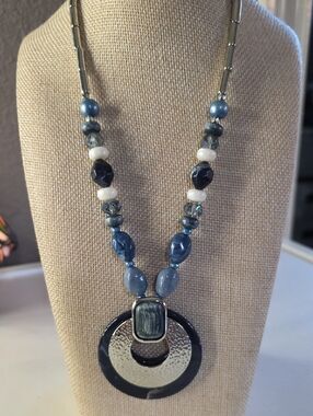Signed "H" Blue Beaded Marine Style Pendant Necklace